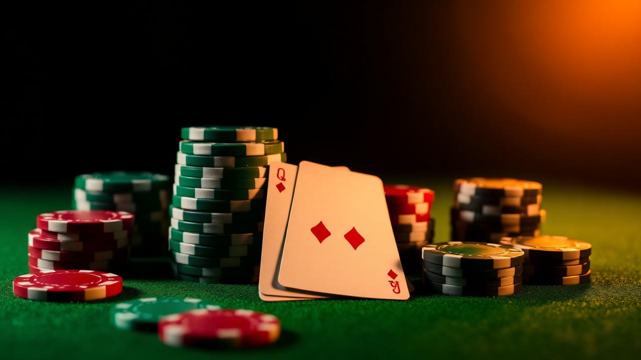 Casino chips stacked on a green felt table with two face-down cards under warm lighting