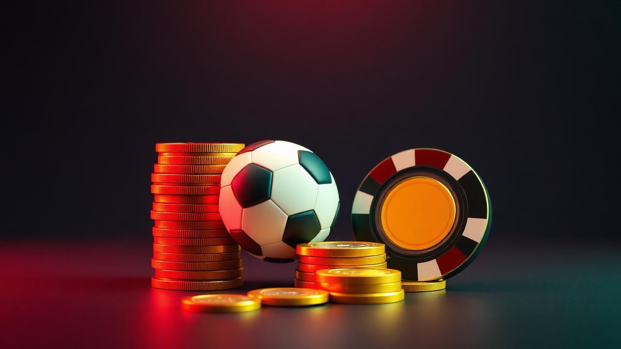 A football, gold coins and a casino chip arranged together on a dark surface