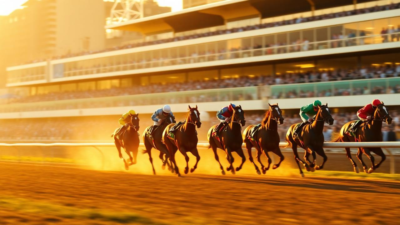 Thoroughbreds powering past the grandstand in late afternoon light