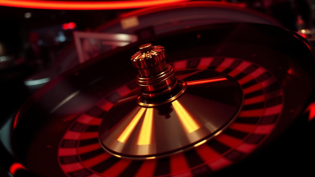 A roulette wheel spinning in deep red light inside a dark room